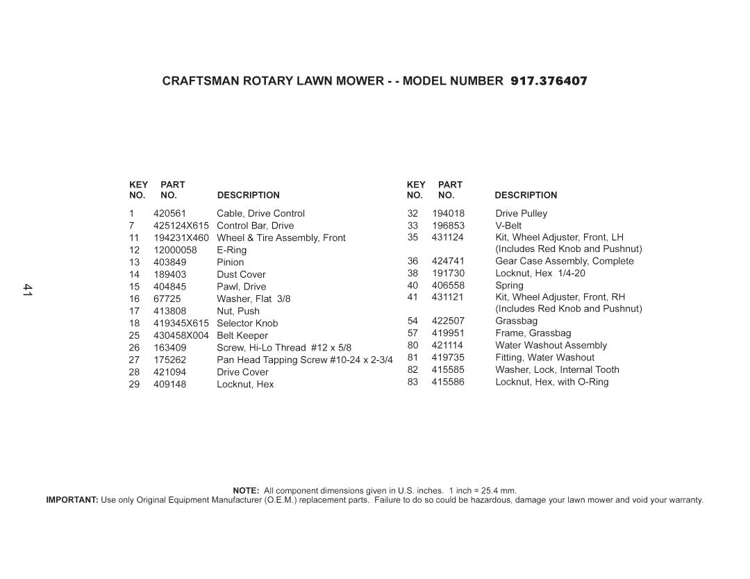 Craftsman 917.376407 owner manual Craftsman Rotary Lawn Mower - Model Number 917o376407, Description 