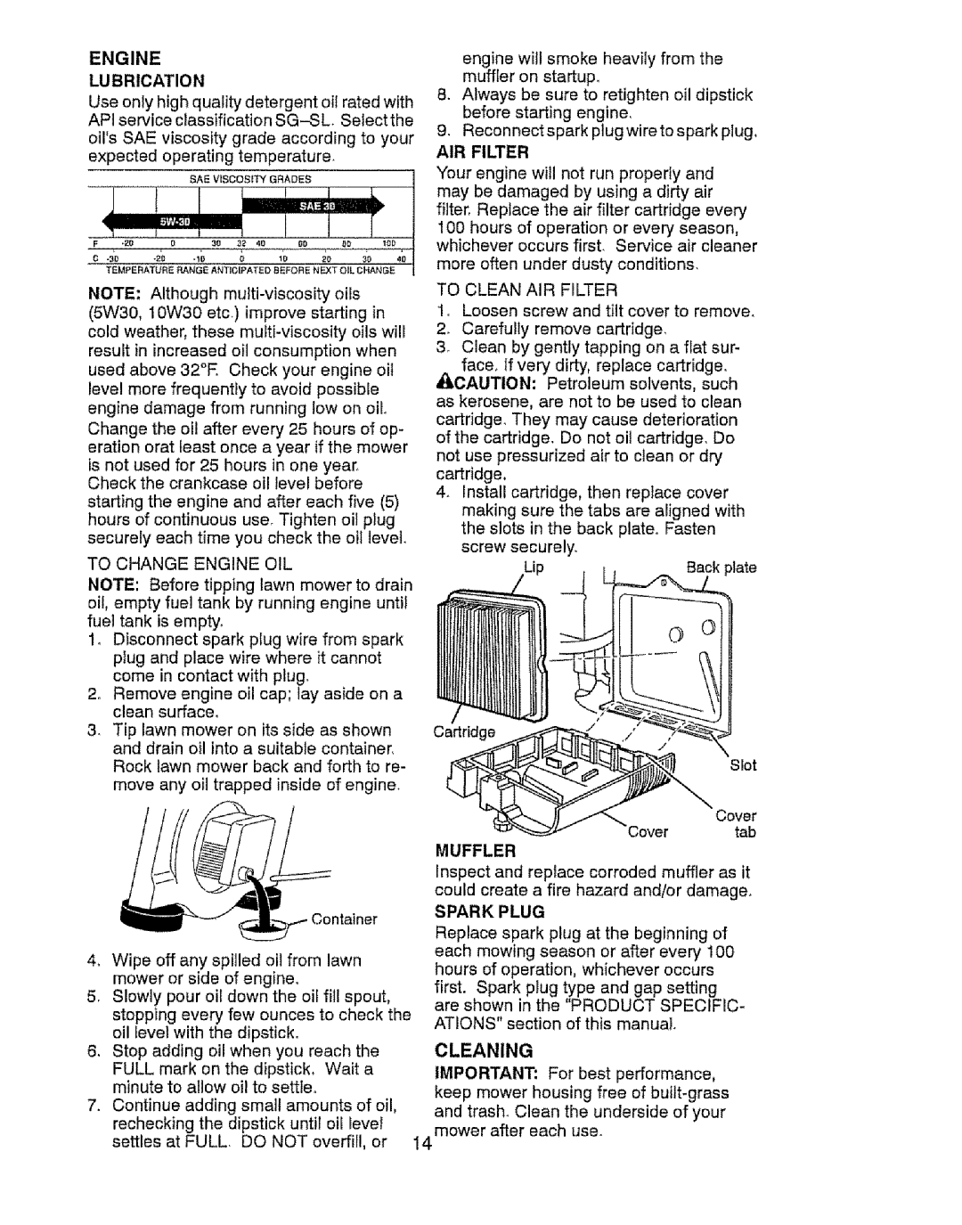 Craftsman 917.37646 owner manual Engine Lubrication, Muffler, Spark Plug 