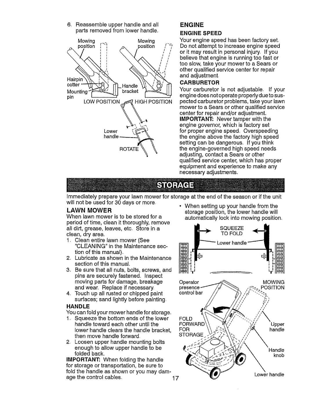 Craftsman 917.37646 owner manual Mower, Lower 