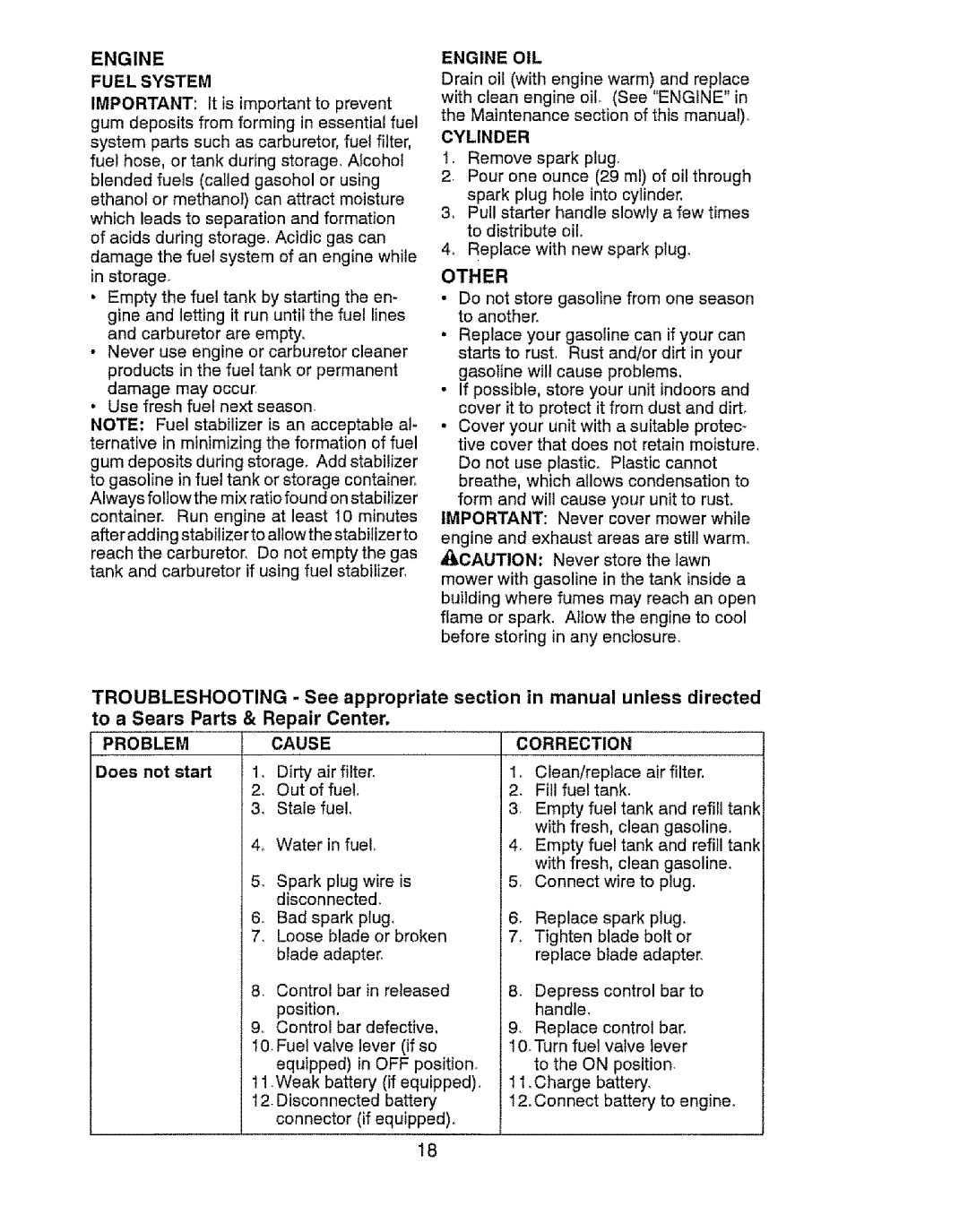 Craftsman 917.37646 owner manual Engine Fuel System, Engine OIL, Cylinder, Cause, Wire 