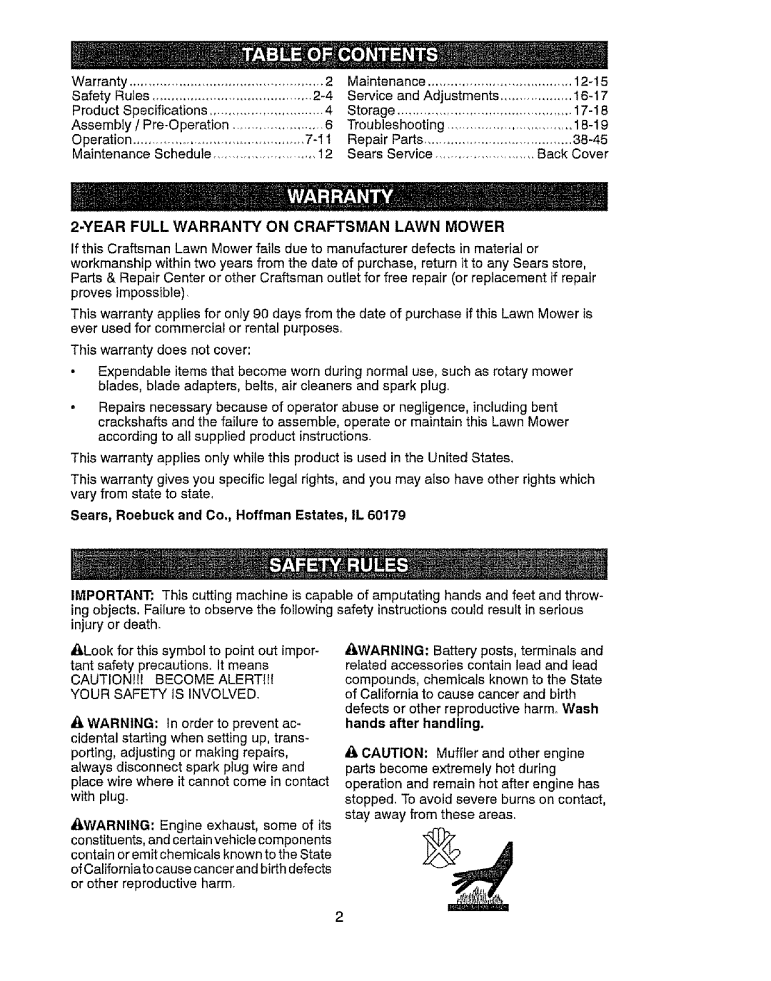 Craftsman 917.37646 owner manual Year Full Warranty on Craftsman Lawn Mower, Sears, Roebuck and Co., Hoffman Estates, IL 