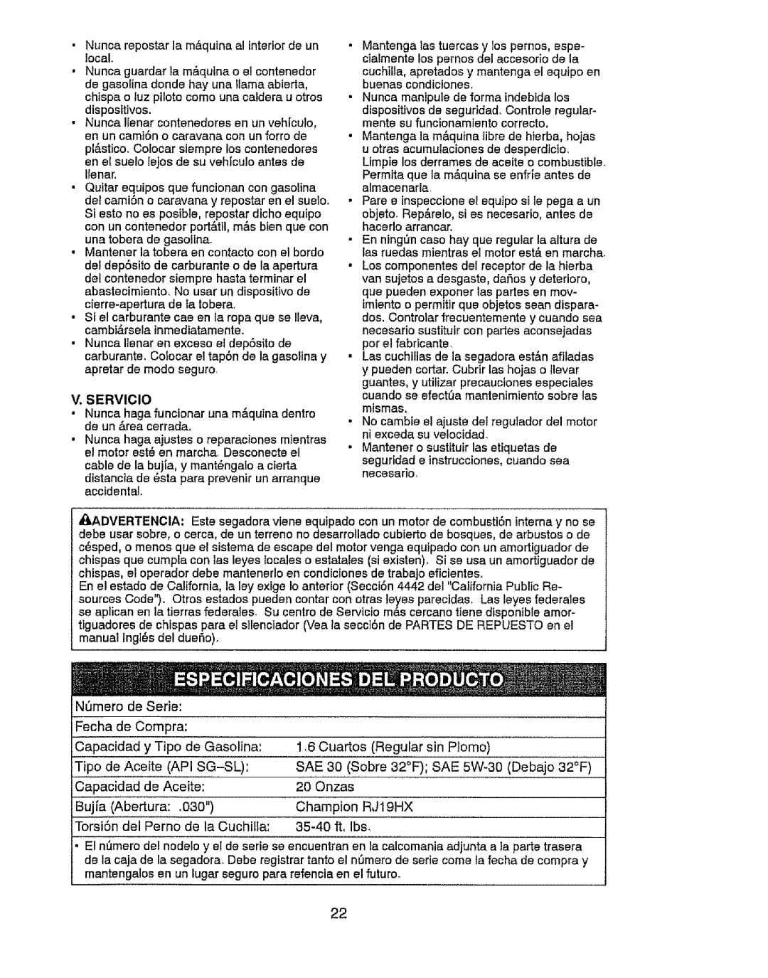 Craftsman 917.37646 owner manual Servicio, Api Sg-Sl Sae 