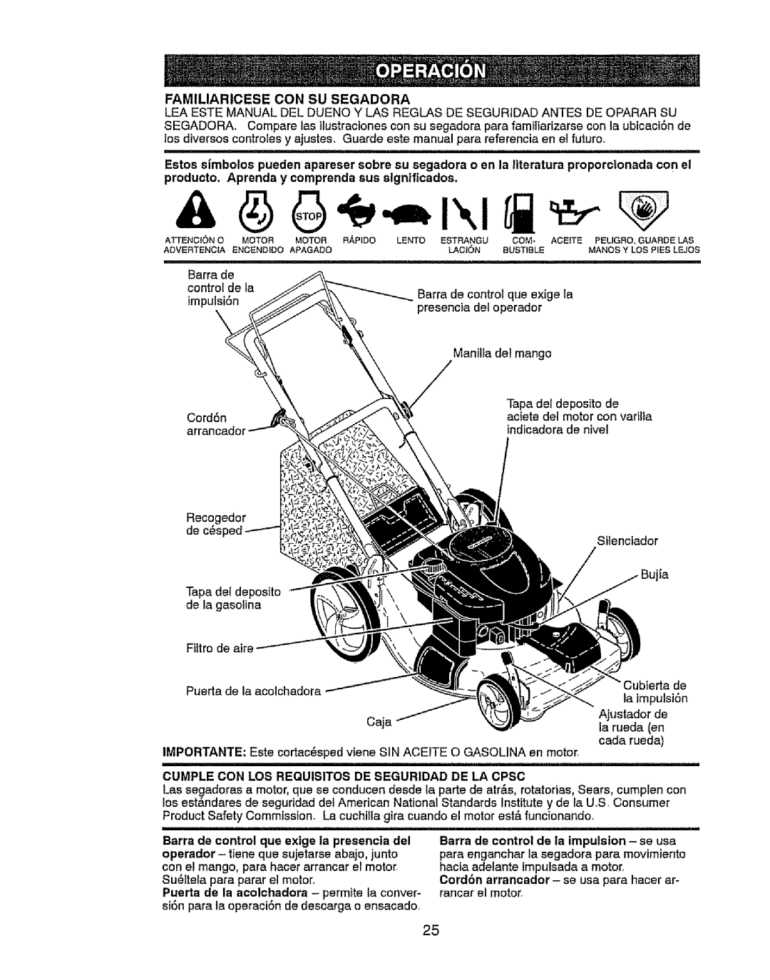 Craftsman 917.37646 owner manual Familiaricese CON SU Segadora, Cumple CON LOS Requisitos DE Seguridad DE LA Cpsc 