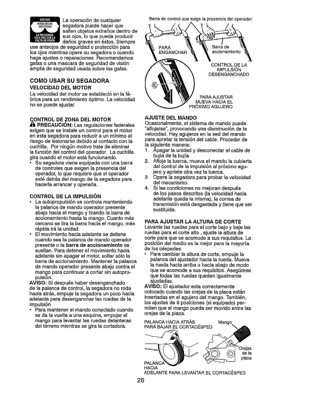 Craftsman 917.37646 owner manual Como Usar SU Segadora Velocidad DEL Motor, Control DE LA Impulsion, Ajuste DEL Mando 