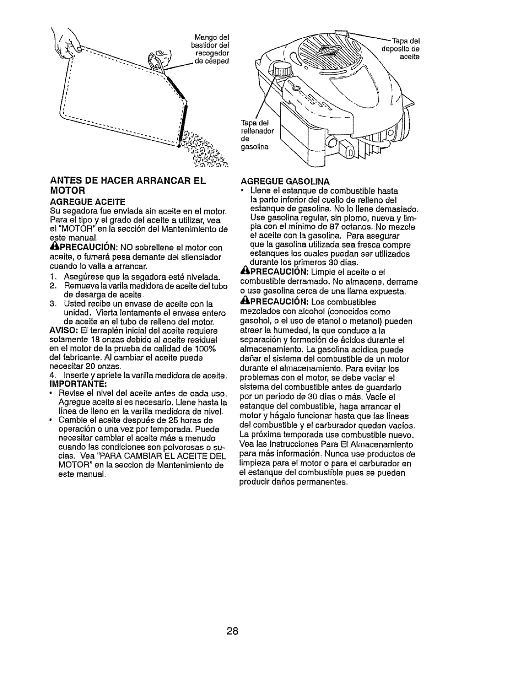 Craftsman 917.37646 owner manual Antes DE Hacer Arrancar EL Motor Agregue Aceite, Importante, Agregue Gasolina 