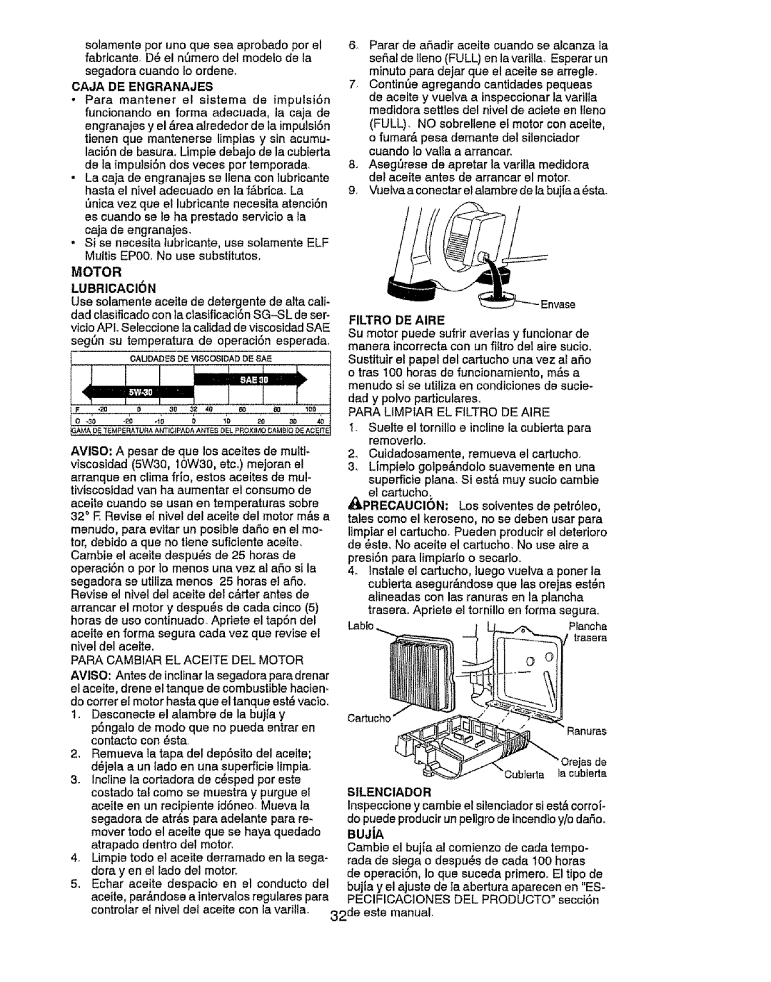 Craftsman 917.37646 owner manual Cajade Engranajes, Laci6n de basura, Limpie debajo de la cubierta, Filtro DE Aire, Piancha 