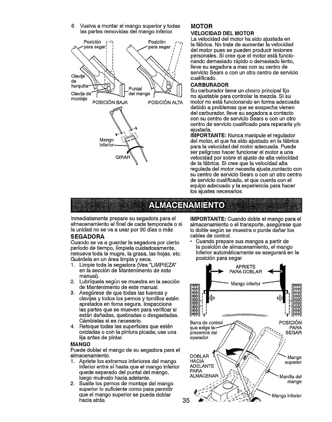 Craftsman 917.37646 owner manual Mango, Motor Velocidad DEI.. Motor, Carburador, Posioin, Segar 