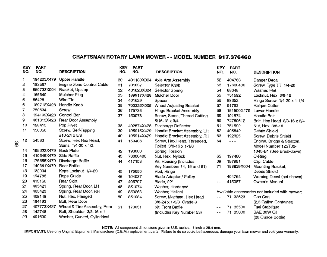 Craftsman 917.37646 owner manual KEY Part Description 