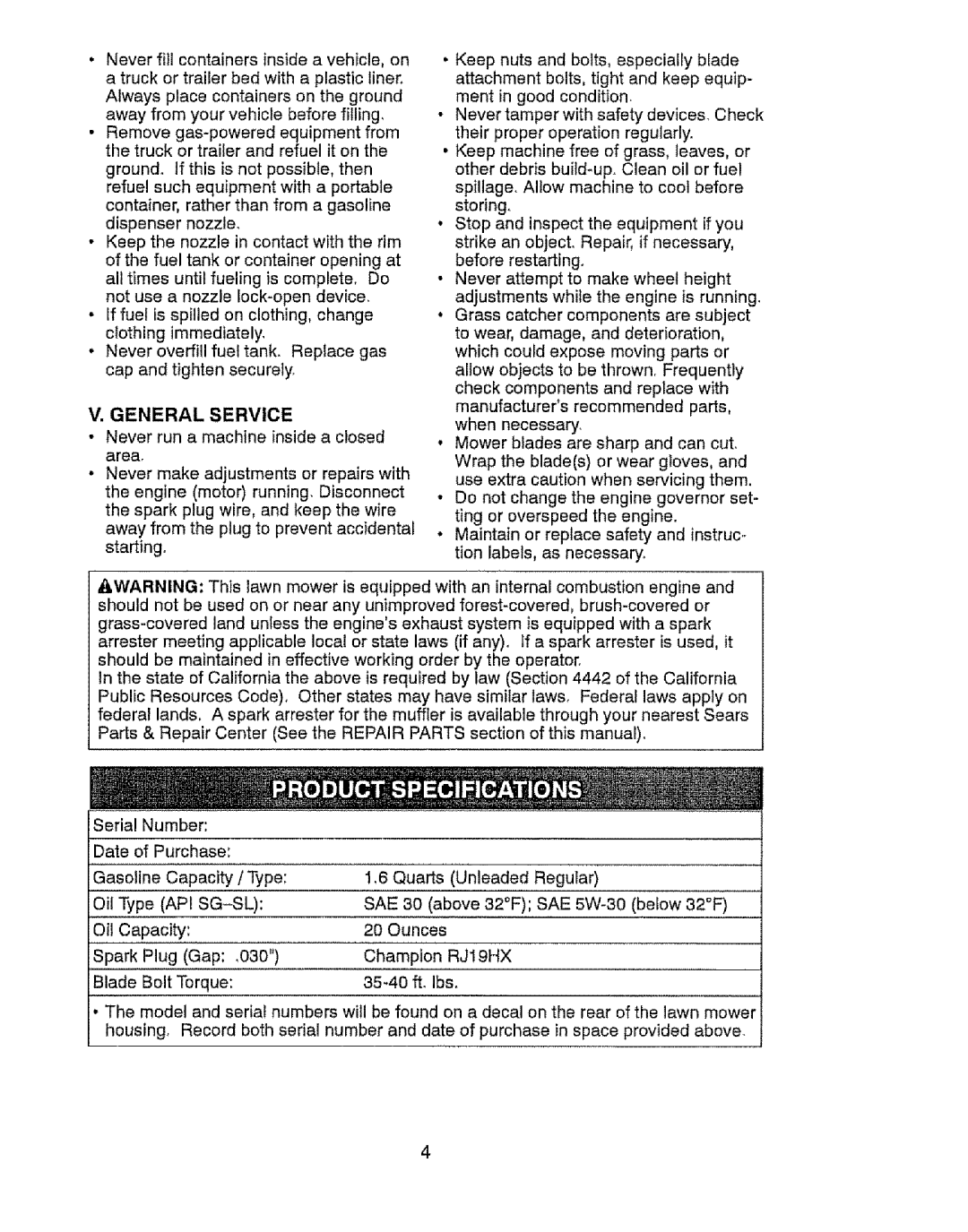 Craftsman 917.37646 owner manual General Service, Sae, RJ19HX 