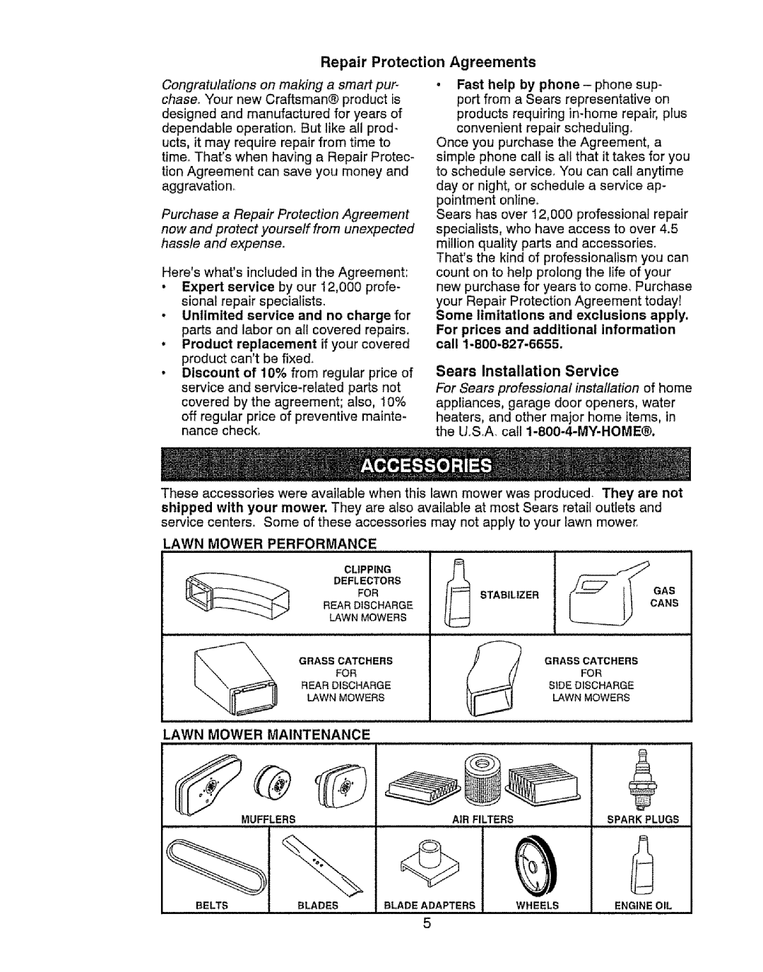 Craftsman 917.37646 owner manual Sears Installation Service, Lawn Mower Performance, Lawn Mower Maintenance 