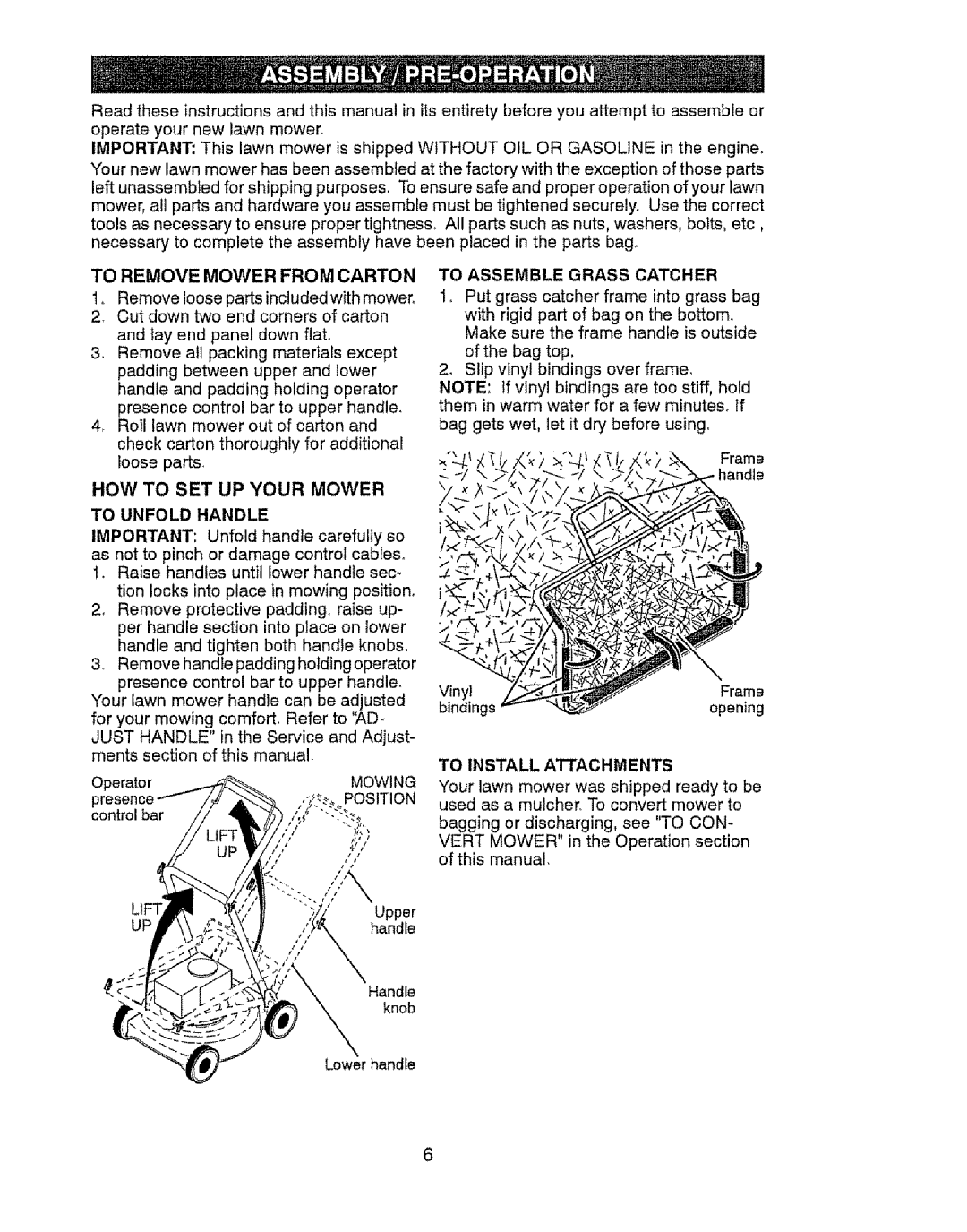 Craftsman 917.37646 owner manual To Remove Mower from Carton to Assemble Grass Catcher, Unfold Handle, Attachments 