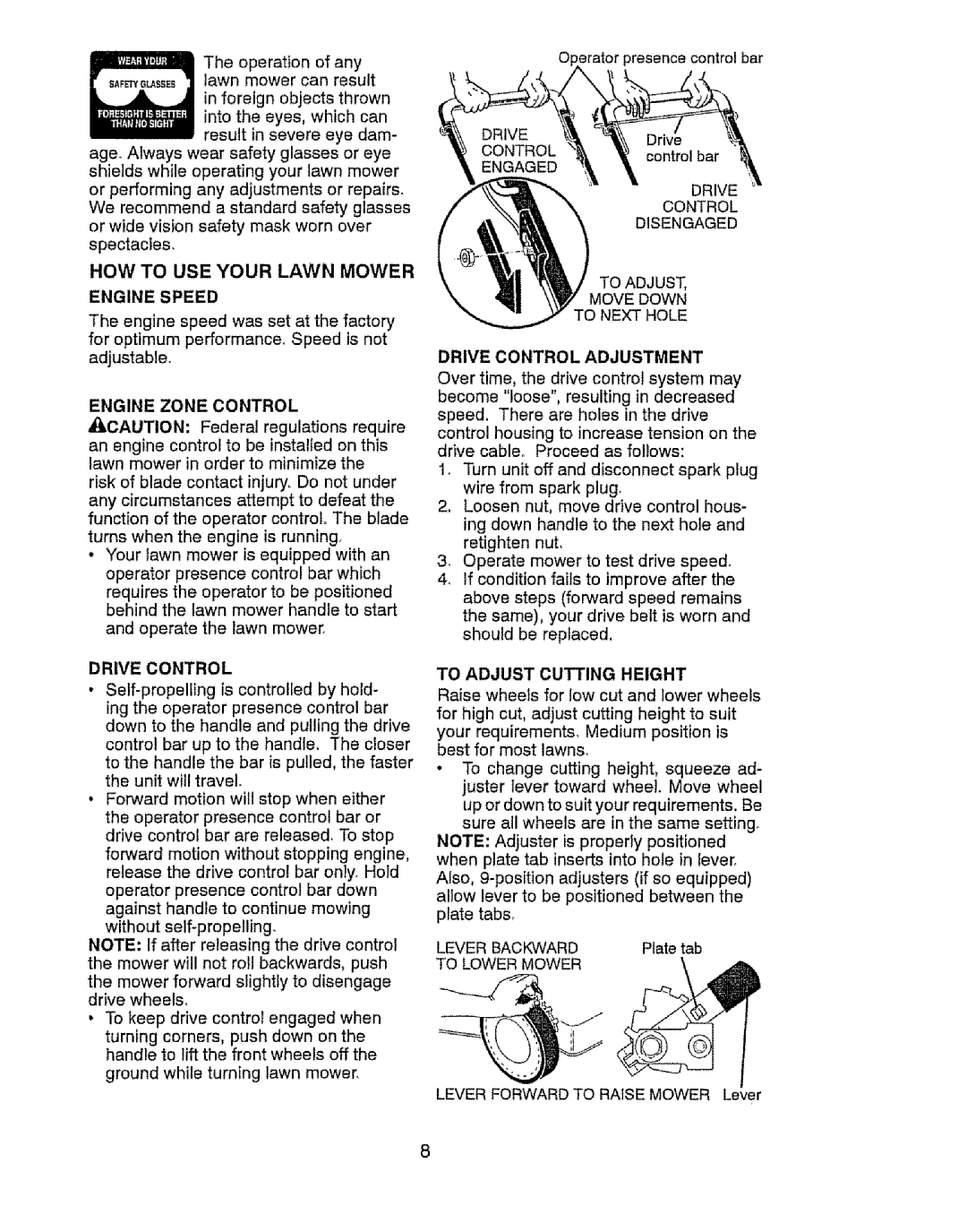 Craftsman 917.37646 owner manual Engine Speed, Engine Zone Control, Drive Control, To Adjust Cutting Height 