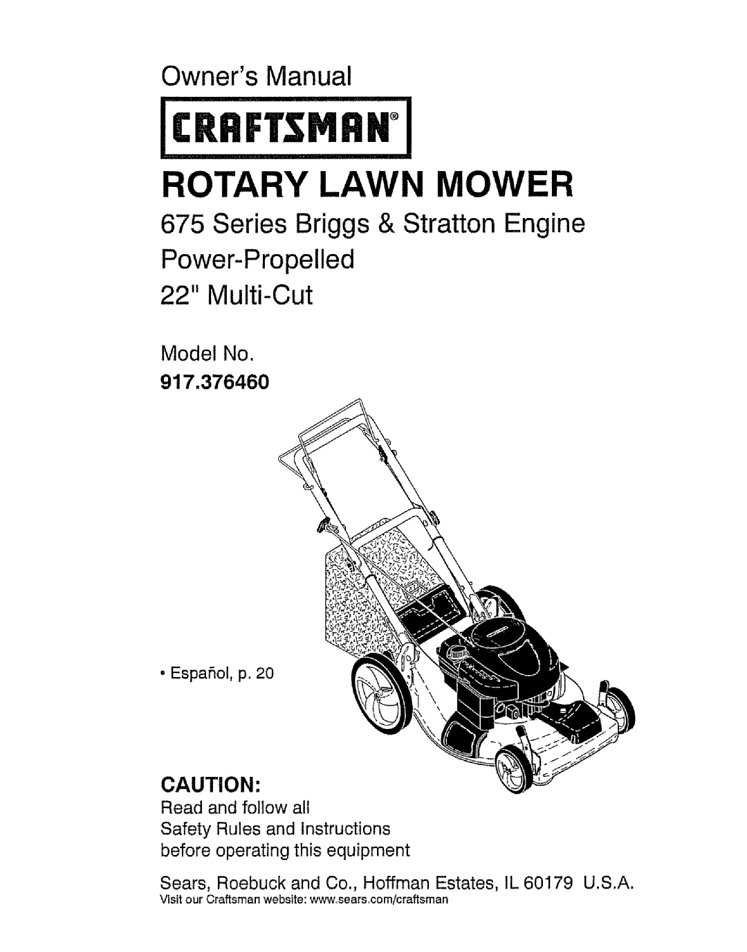 Craftsman 917.37646 owner manual Owners Manual, Series Briggs & Stratton Engine, Model No, Craftsman, Rotary Lawn Mower 