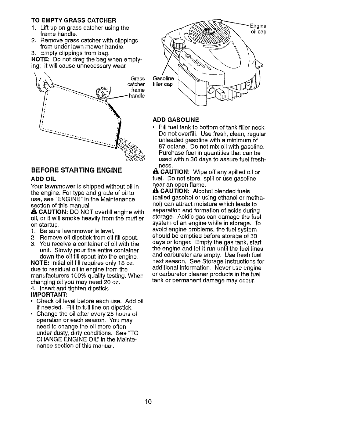 Craftsman 917.37646 owner manual Before Starting Engine, To Empty Grass Catcher, Add Gasoline 