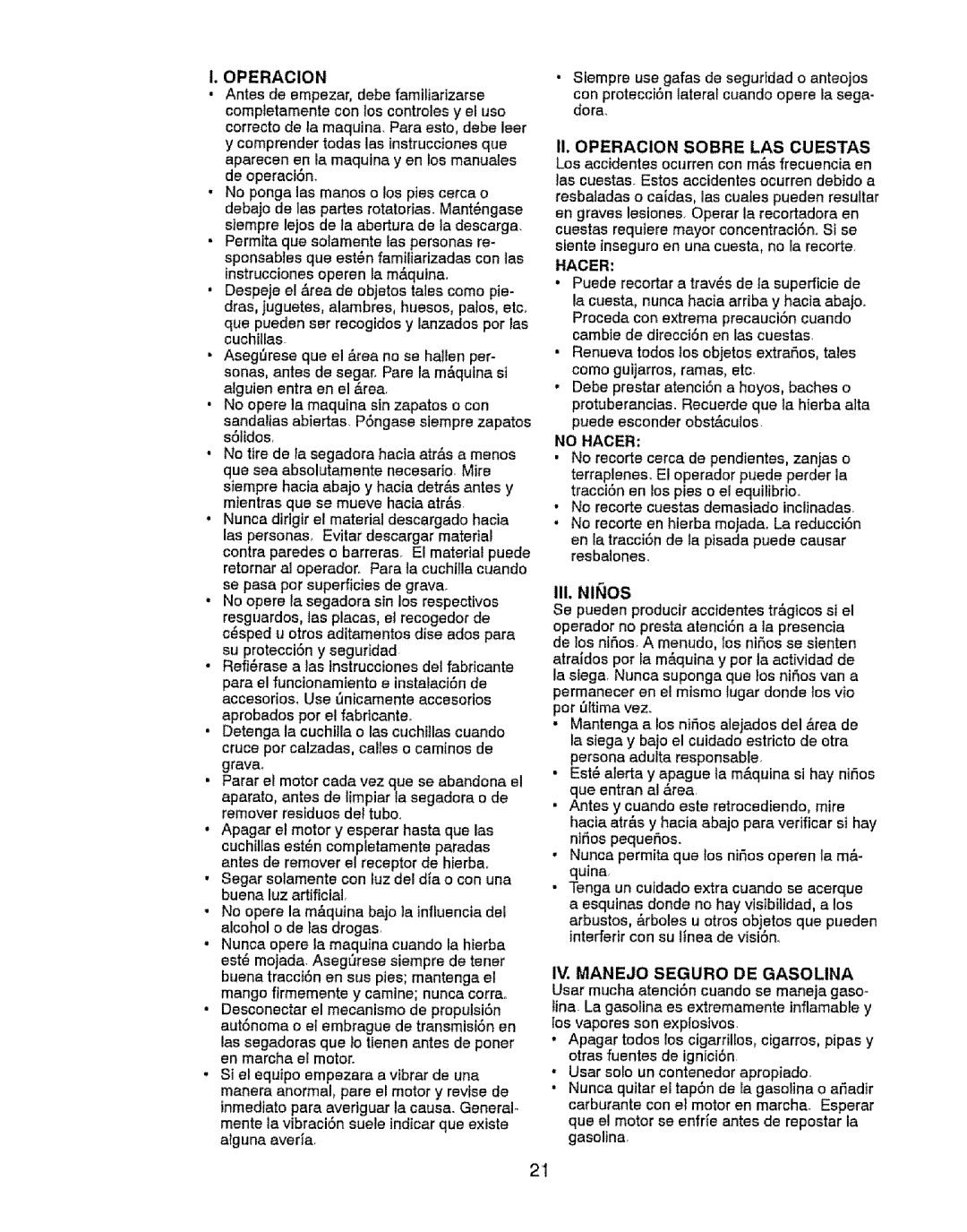 Craftsman 917.37646 owner manual i. OPERACION, Iv. Manejo Seguro De Gasolina 