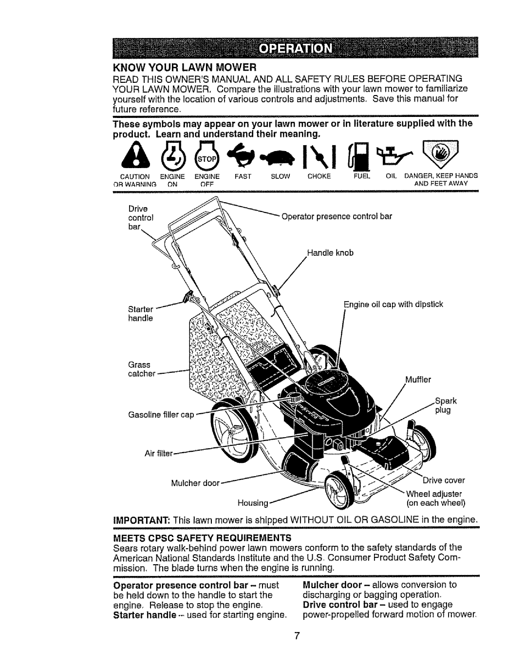 Craftsman 917.37646 owner manual Know Your Lawn Mower, product. Learn and understand their meaning, Mulcher, Housin 