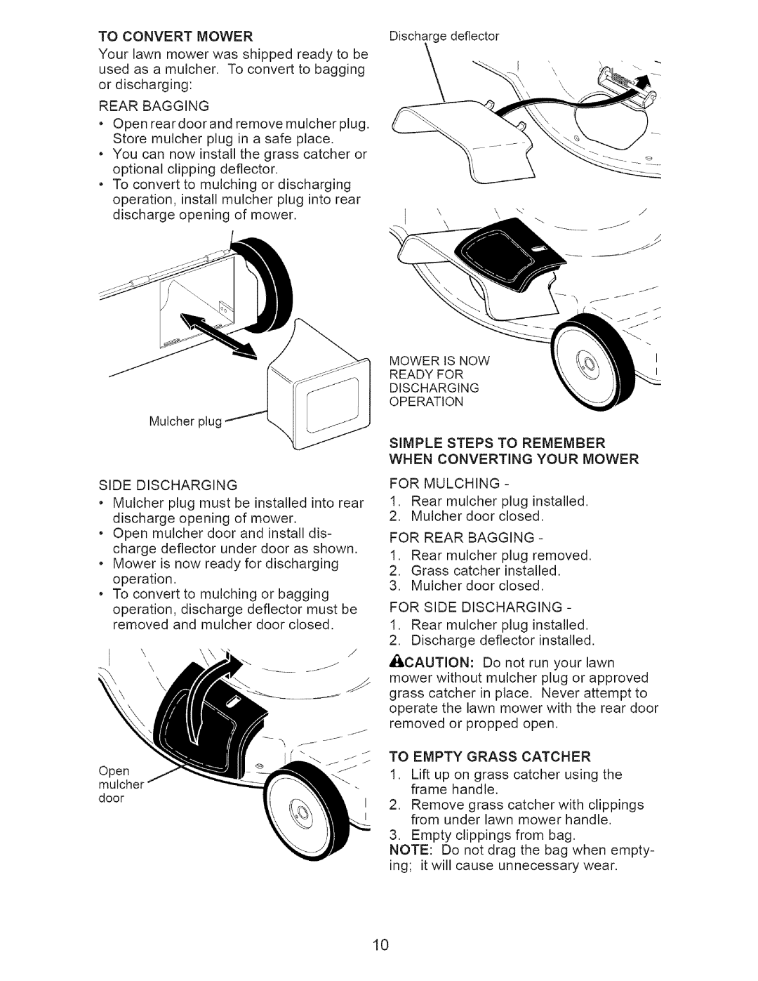 Craftsman 917.37648 manual To Convert Mower, For Rear Bagging, For Side Discharging, To Empty Grass Catcher 