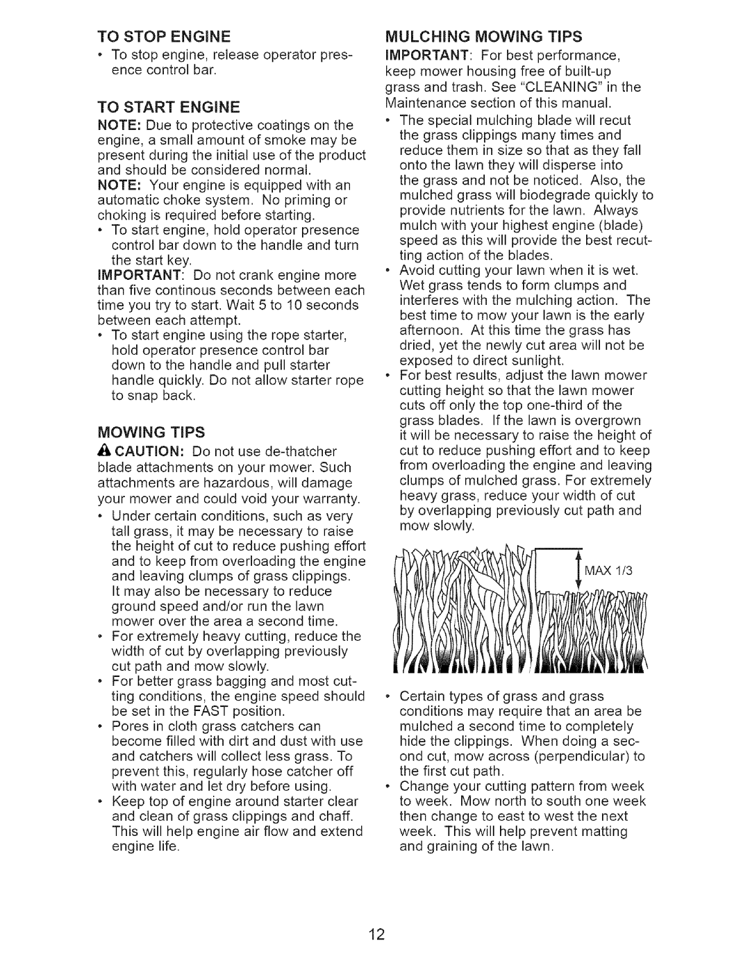 Craftsman 917.37648 manual To Stop Engine, To Start Engine, Mulching Mowing Tips 