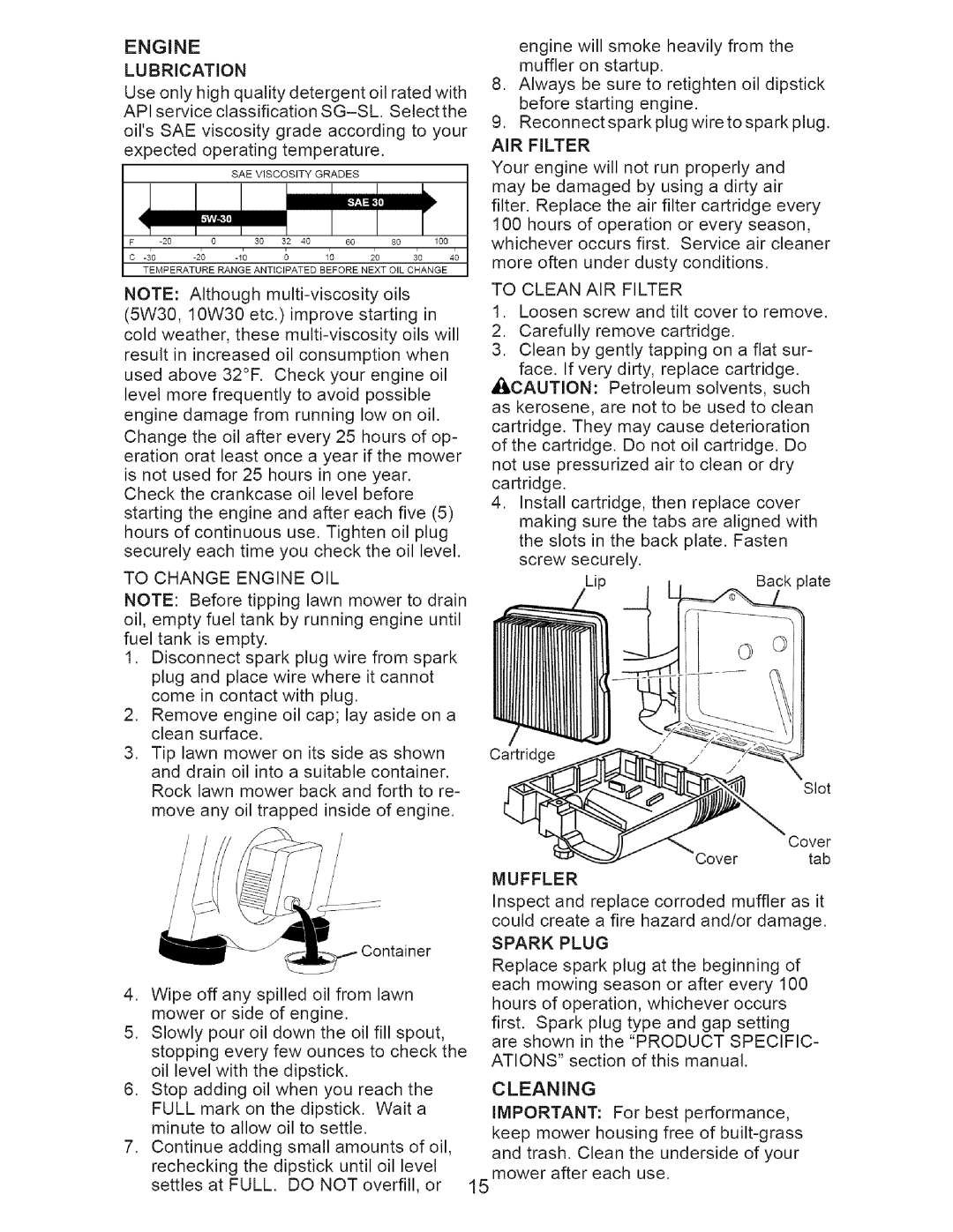 Craftsman 917.37648 manual Cleaning, AIR Filter, Muffler 