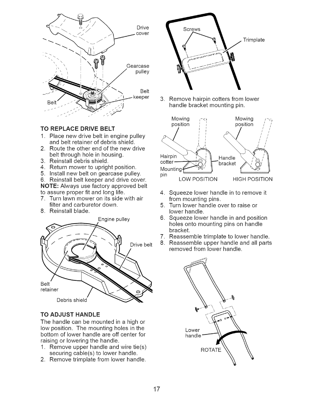 Craftsman 917.37648 manual To Replace Drive Belt, To Adjust Handle, Position High Position LOW, Rotate 