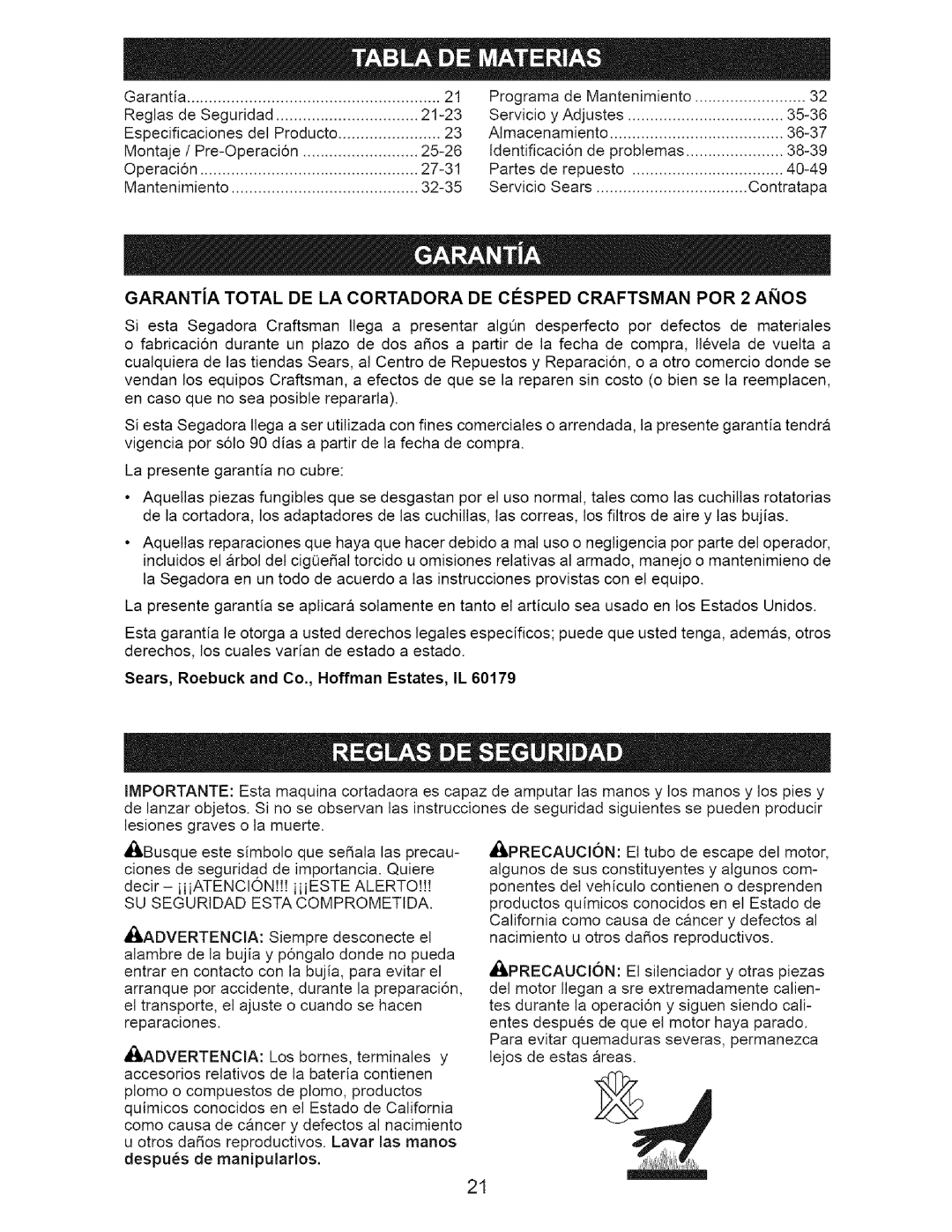 Craftsman 917.37648 manual Garantia Programa de Mantenimiento Reglas de Seguridad 