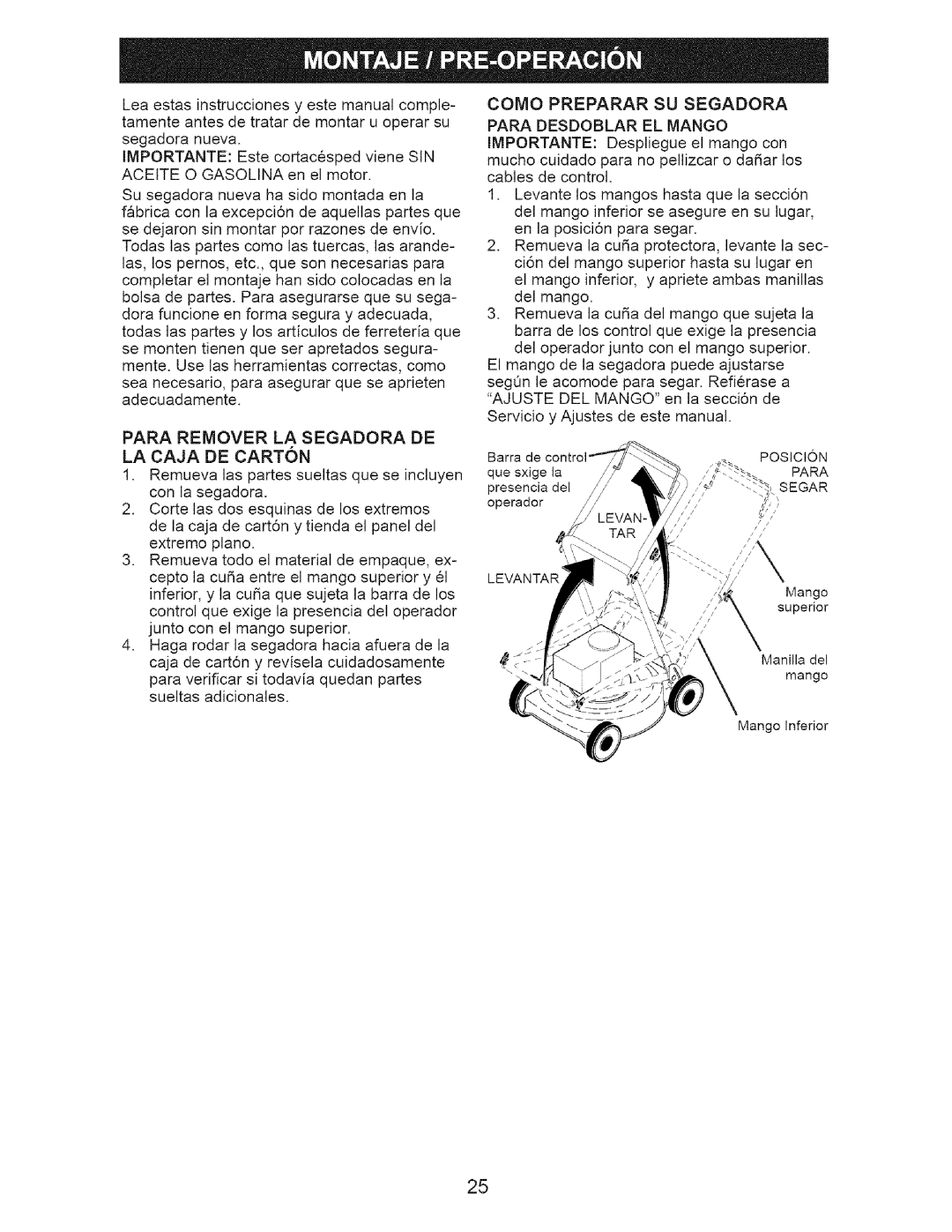 Craftsman 917.37648 manual Para Remover LA Segadora DE LA Caja DE Carton, Como Preparar SU Segadora Para Desdoblar EL Mango 