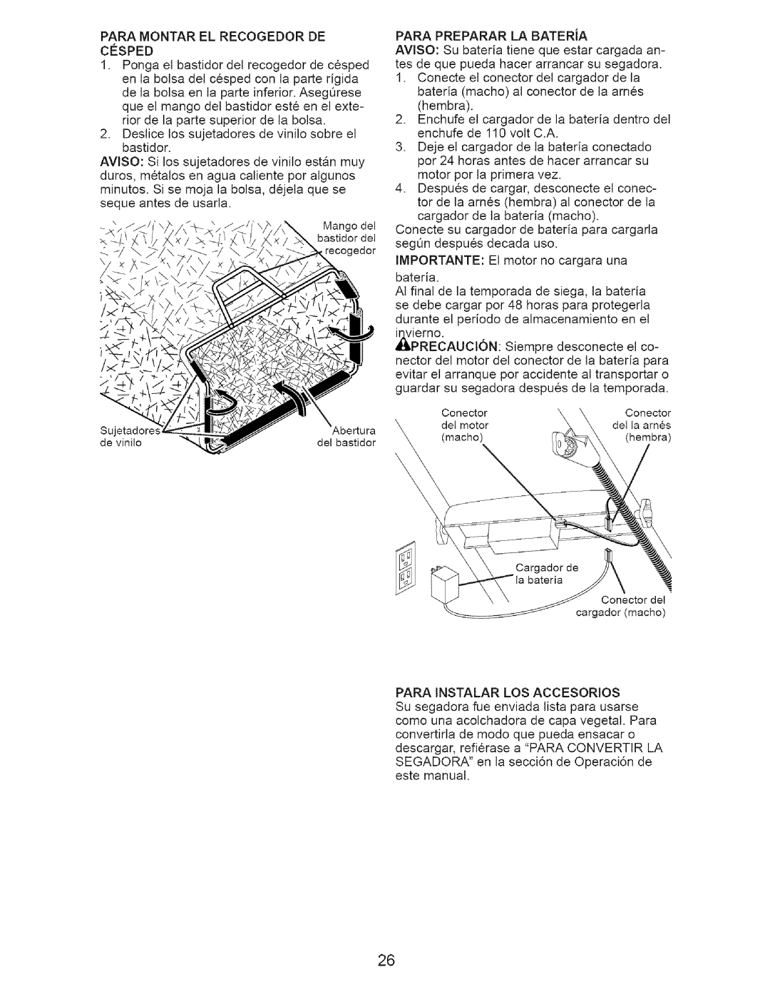 Craftsman 917.37648 manual Para Montar EL Recogedor DE, Cesped, Para Preparar LA Batera, Para Instalar LOS Accesorios 