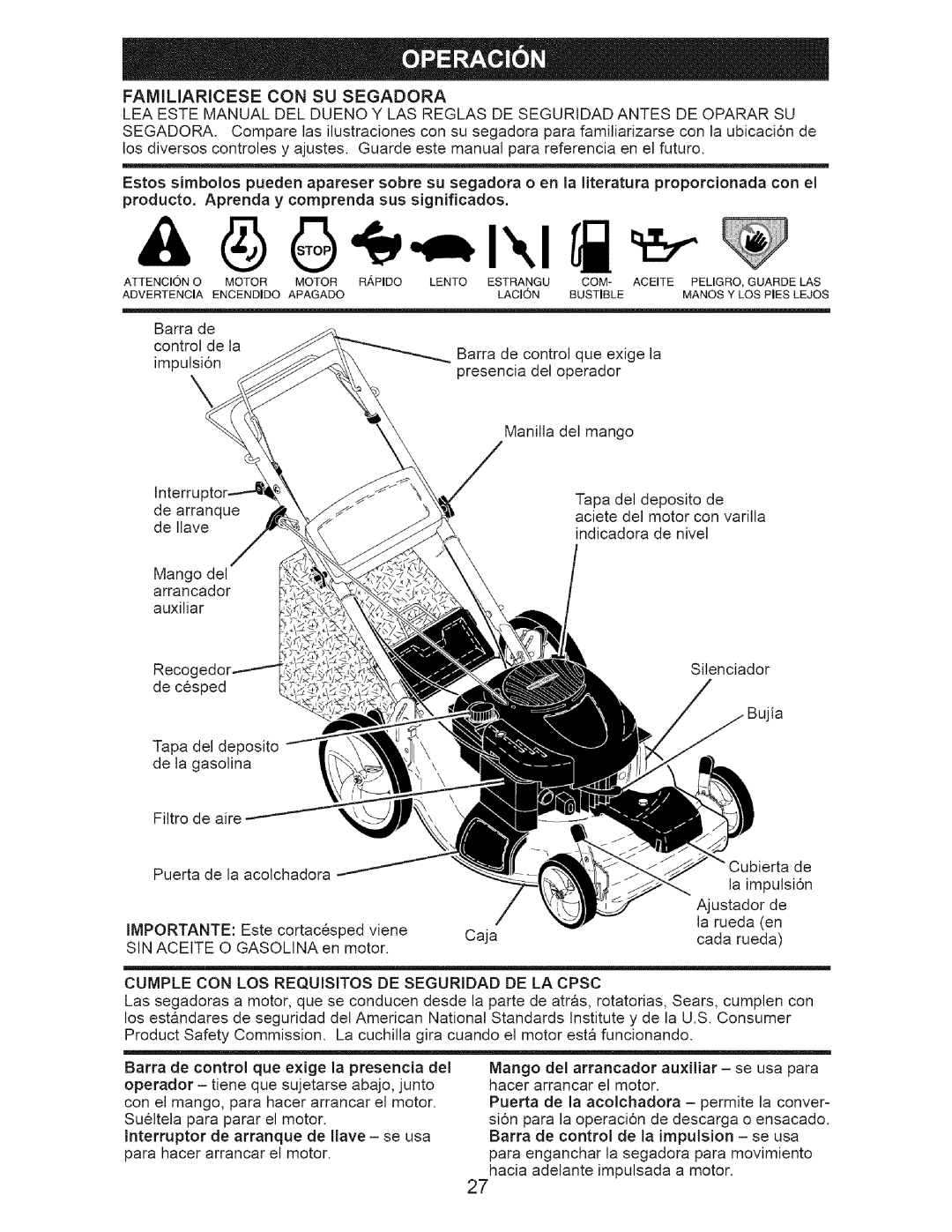 Craftsman 917.37648 manual Familiaricese CON SU Segadora, Importante 