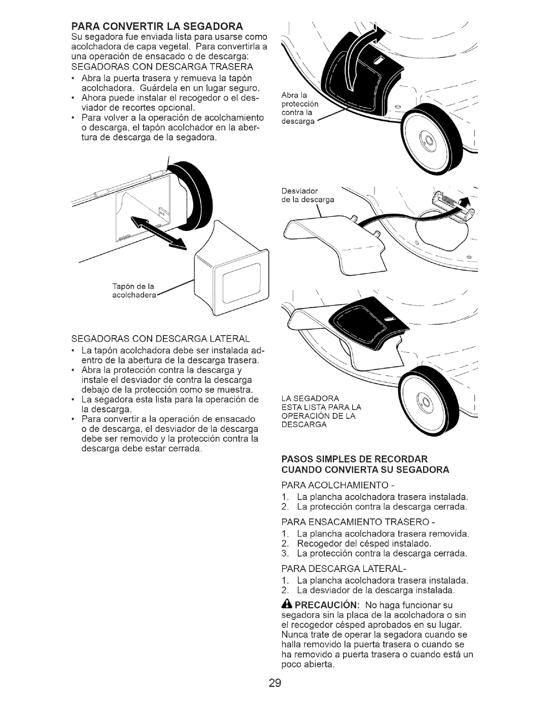 Craftsman 917.37648 manual Para Convertir LA Segadora, Segadoras CON Descarga Trasera, Segadoras CON Descarga Lateral 