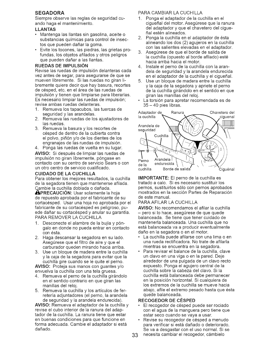 Craftsman 917.37648 manual Segadora, Llantas, Ruedas DE Impulsion, Cuidado DE LA Cuchilla, Recogedor DE Cesped 