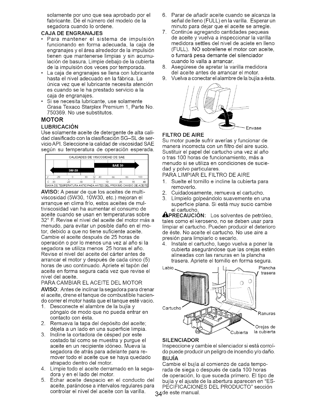 Craftsman 917.37648 manual Caja DE Engranajes, Motor, Para Limpiar EL Filtro DE Aire, Silenciador 