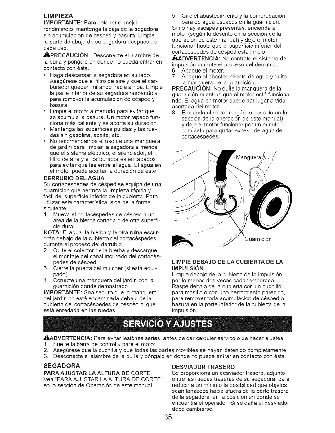 Craftsman 917.37648 manual Derrubio DEL Agua, Trasero Para Ajustar LA Altura DE Corte 