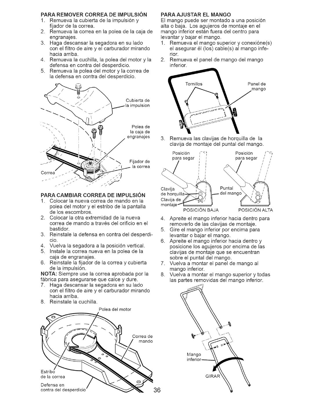 Craftsman 917.37648 manual Para Remover Correa DE Impulsion, Para Ajustar EL Mango, Para Cambiar Correa DE Impulsion 