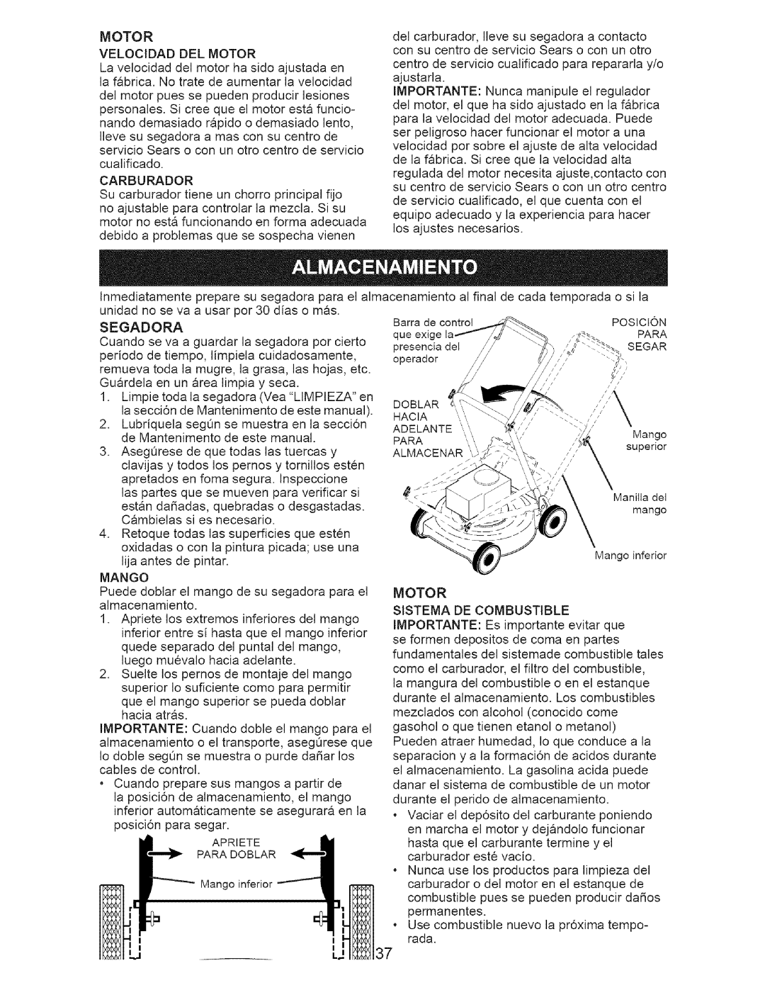 Craftsman 917.37648 manual Segadora, Velocidad DEL Motor, Mango, Motor Sistema DE Combustible 