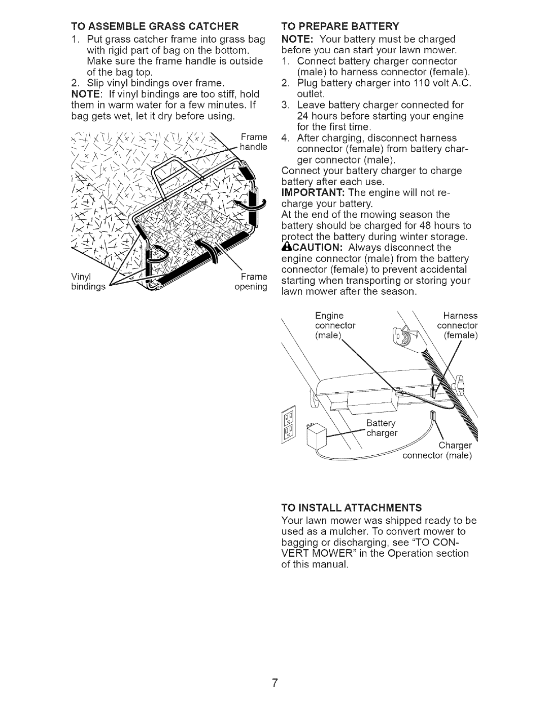 Craftsman 917.37648 manual To Assemble Grass Catcher, To Prepare Battery, To Install Attachments 