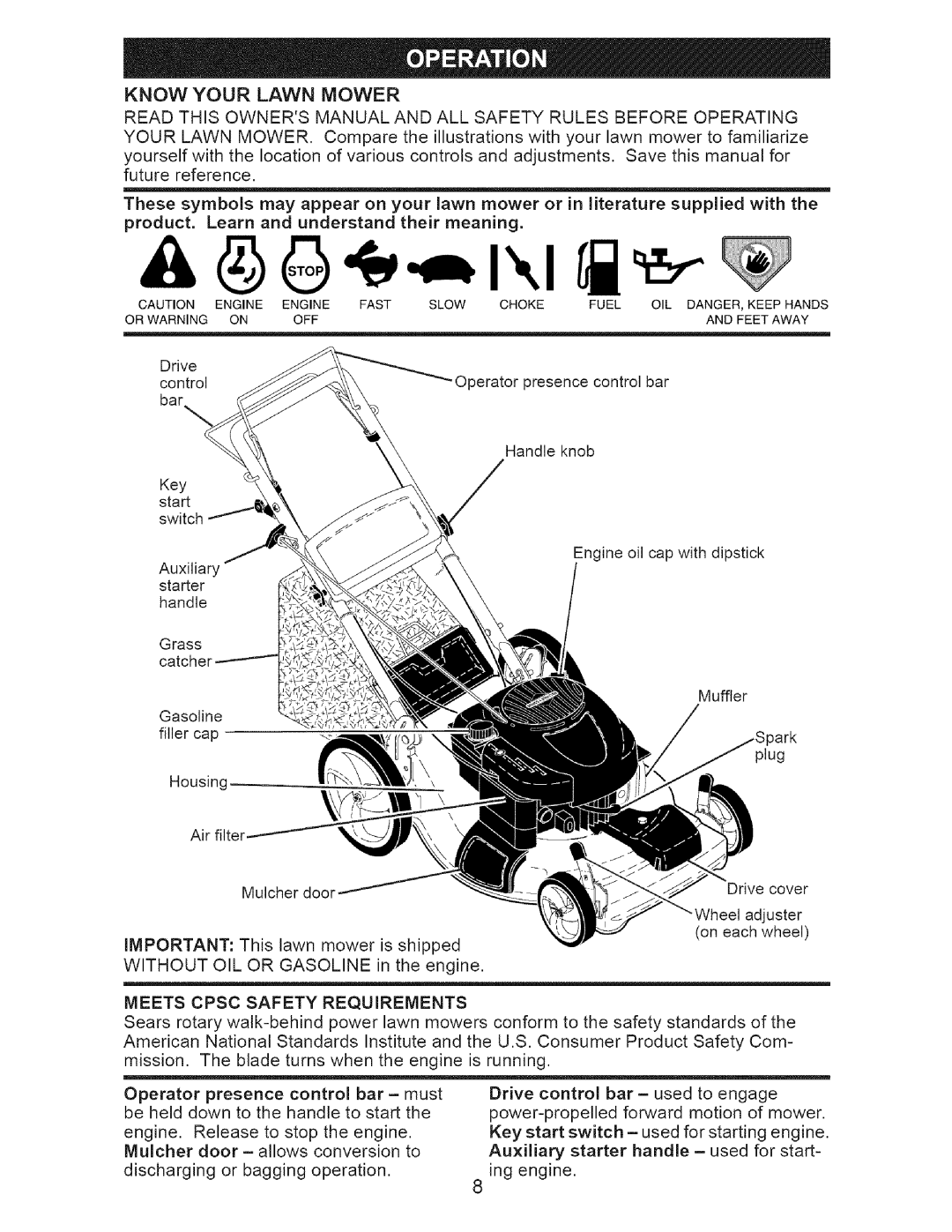 Craftsman 917.37648 manual Know Your Lawn Mower, Meets Cpsc Safety Requirements 