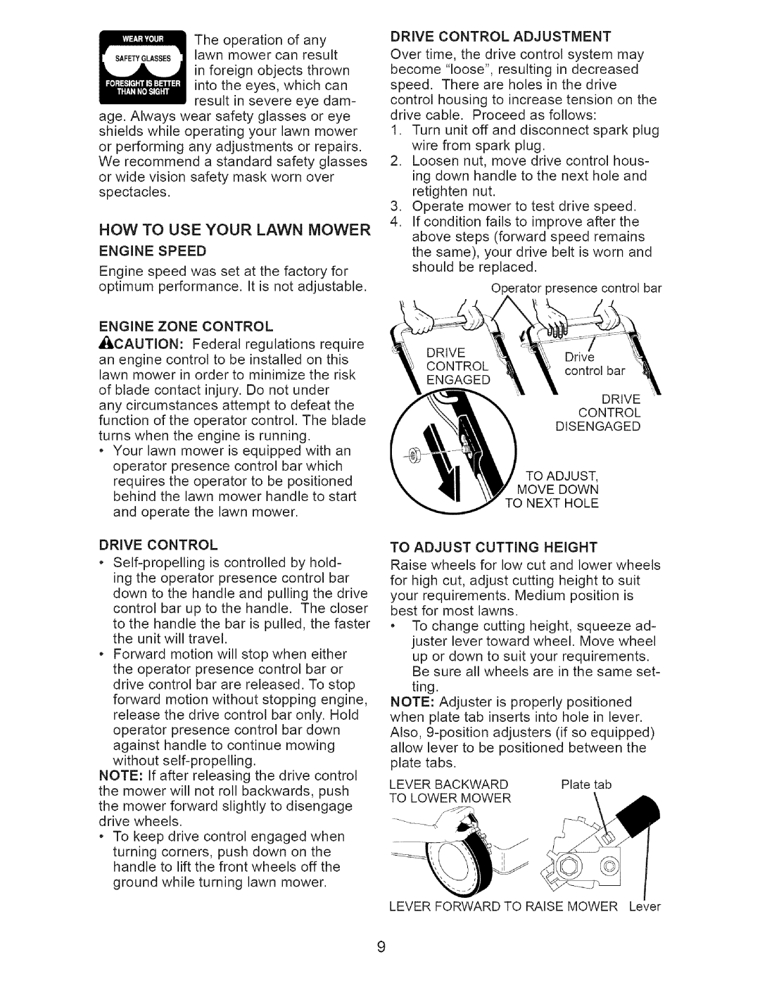 Craftsman 917.37648 HOW to USE Your Lawn Mower Engine Speed, Drive Control Adjustment, Engine Zone Control, To Lower Mower 