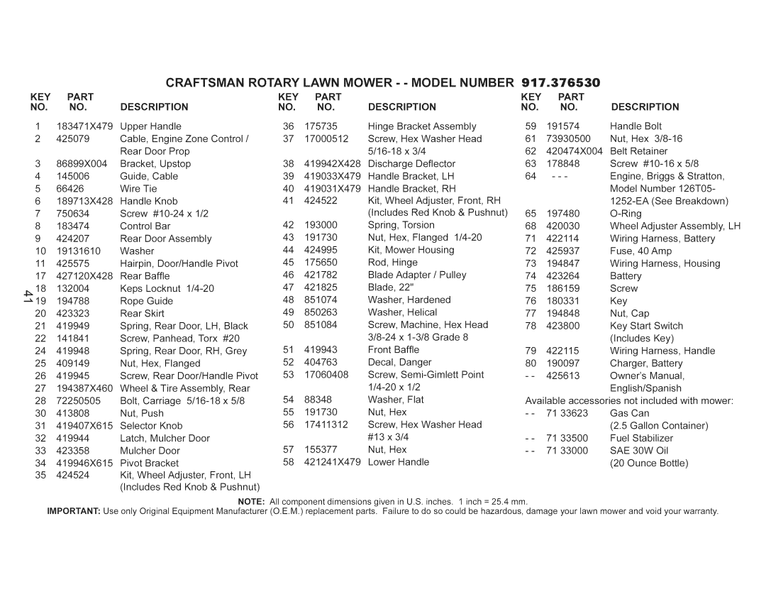 Craftsman 917.376530 owner manual KEY Part, NO. no, Key, Part Description 