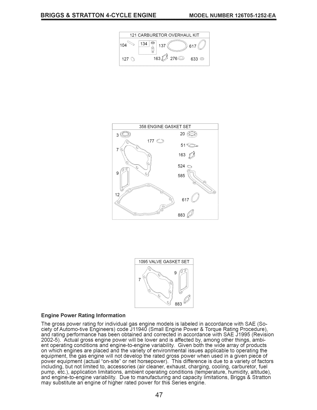 Craftsman 917.376530 owner manual Valve Gasket SET 