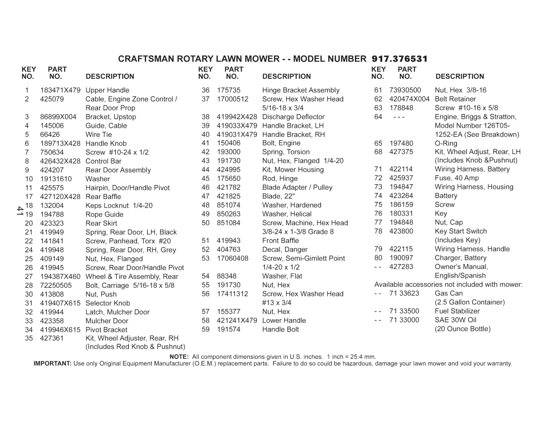 Craftsman 917.376531 owner manual Key, KEY Part Description 