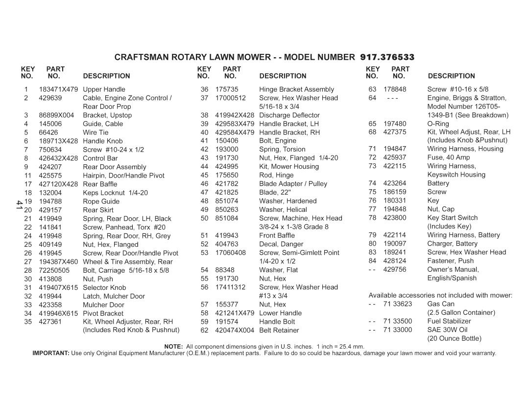 Craftsman 917.376533 owner manual KEY Part, NO. no, Key 