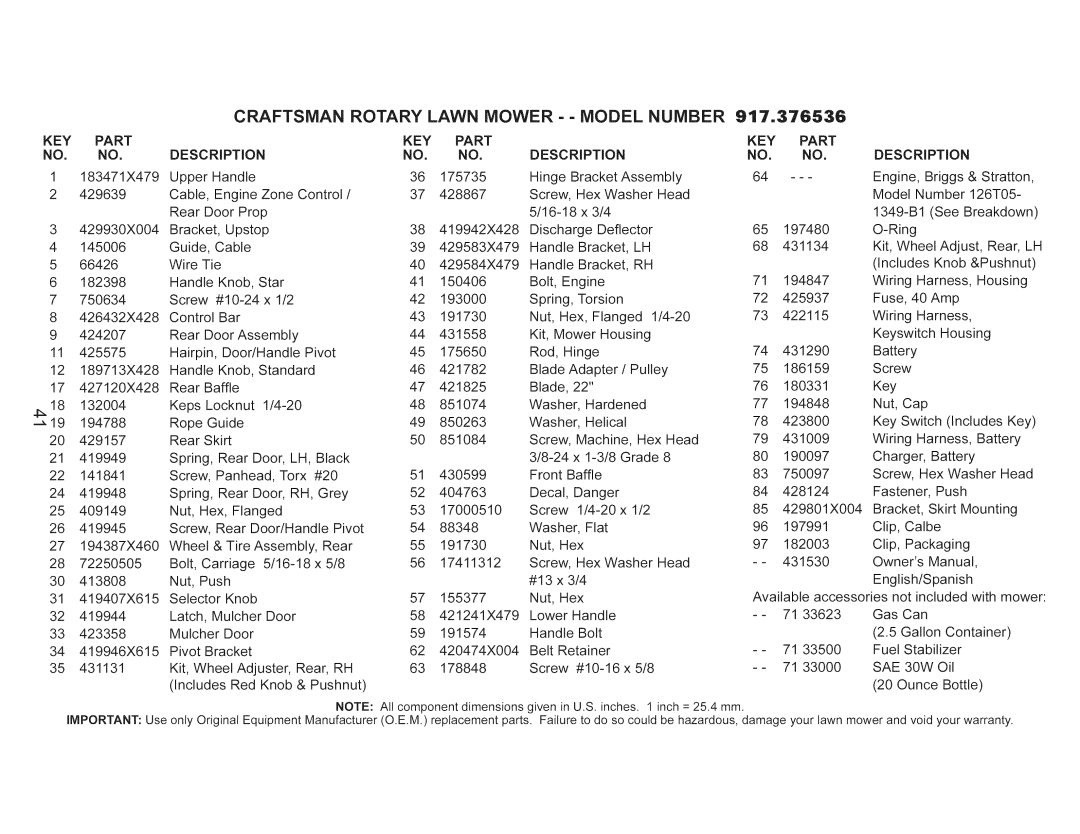 Craftsman 917.376536 manual KEY Part, NO. no, Key, Part Description 