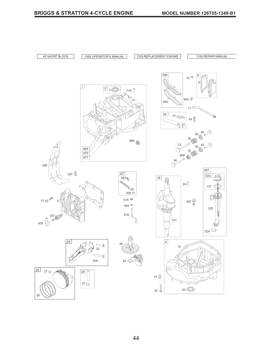 Craftsman 917.376536 manual BRIGGS & STRATTON 4-CYCLEENGINE, MODEL NUMBER 126T05-1349=B1, 3O6 i 24 505 @ 615, 404 _, 718 _1 