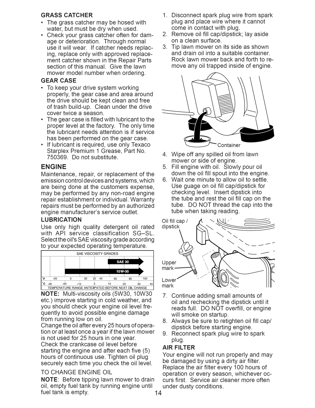 Craftsman 917.376540 manual Grass Catcher, Gear Case, To Change Engine OIL, AIR Filter 