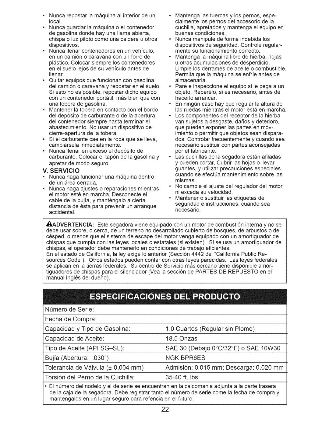 Craftsman 917.376540 manual Api Sg-Sl Sae, NGK BPR6ES 