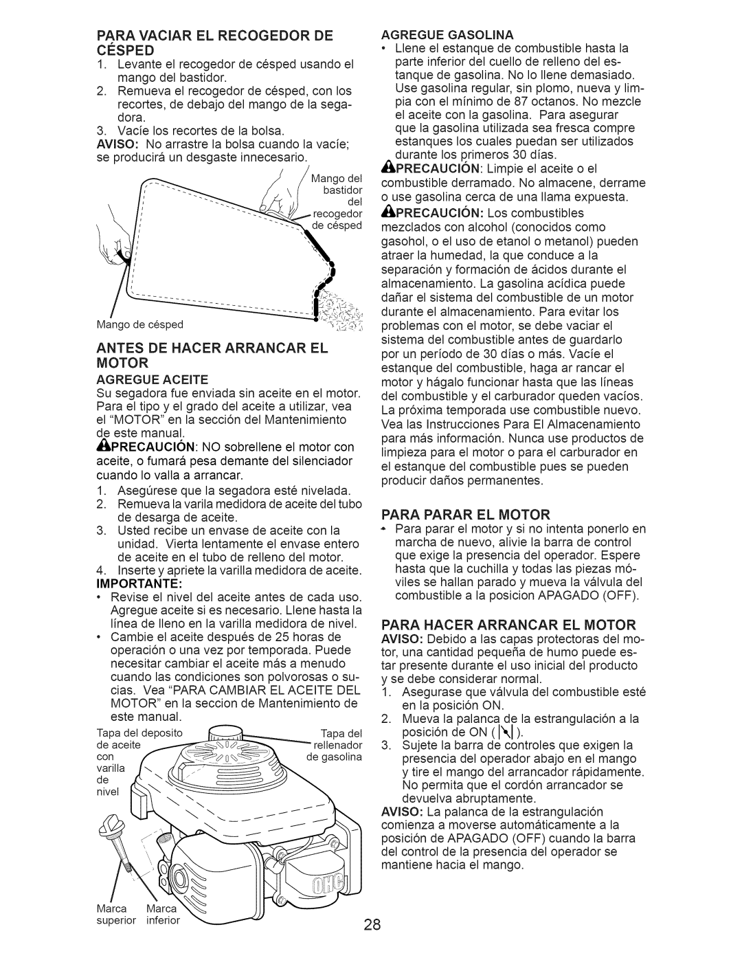 Craftsman 917.376540 manual Antes DE Hacer Arrancar EL, Para Hacer Arrancar EL Motor, Importante 