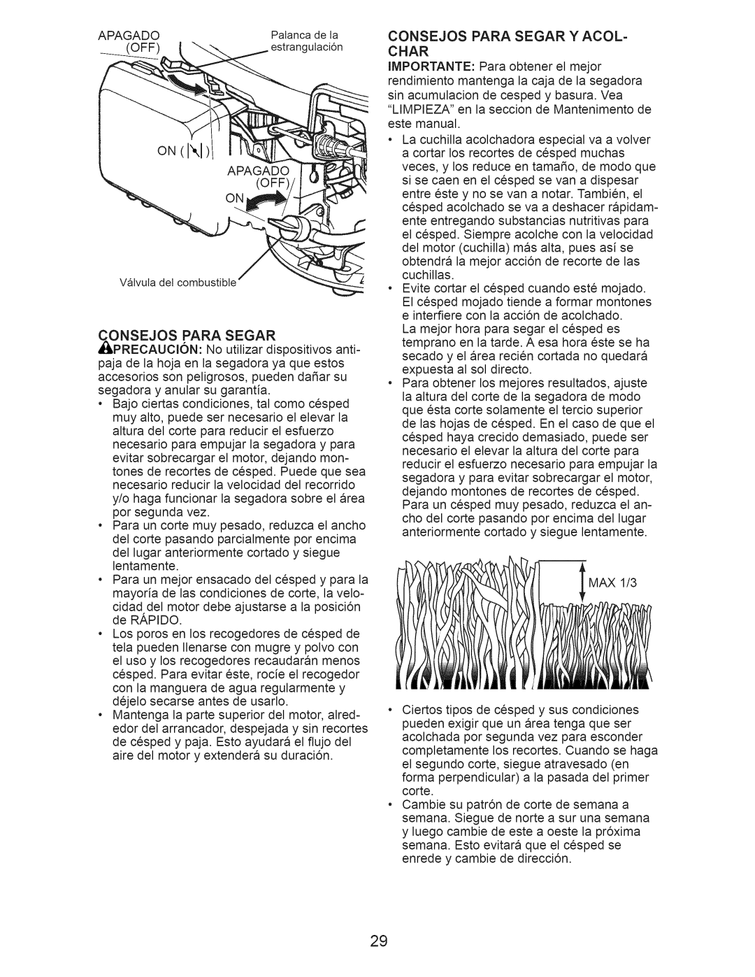 Craftsman 917.376540 manual Onsejos Para Segar, Apagado, Off, Consejos Para Segar Y ACOL- Char 