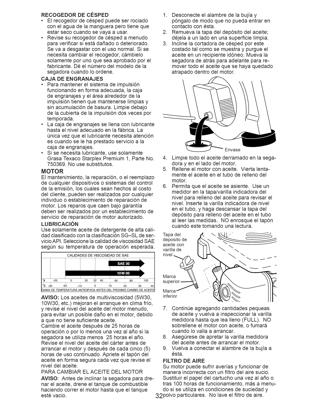 Craftsman 917.376540 manual Recogedor DE Cosped, Caja DE Engranajes, Para Cambiar EL Aceite DEL Motor, Filtro DE Aire 