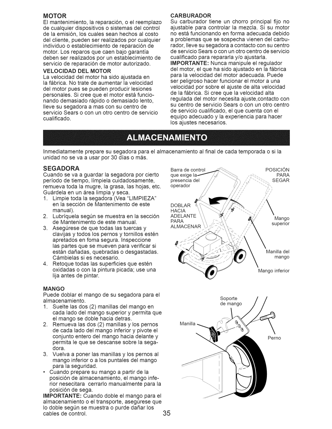 Craftsman 917.376540 manual De la emJsJ6n, los cuales sean hechos al costo, Carburador, Mango, Segar 