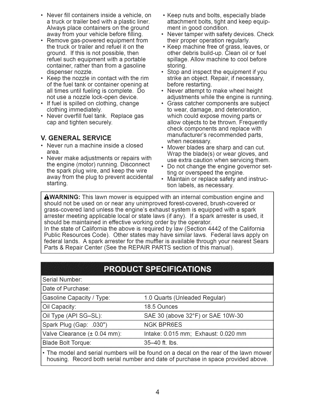 Craftsman 917.376540 manual General, Service, Sae, NGK BPR6ES 